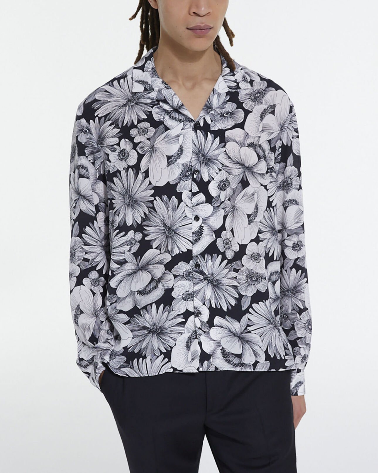 The Kooples MEN BLACK WHITE floral shirt with hawaiian collar