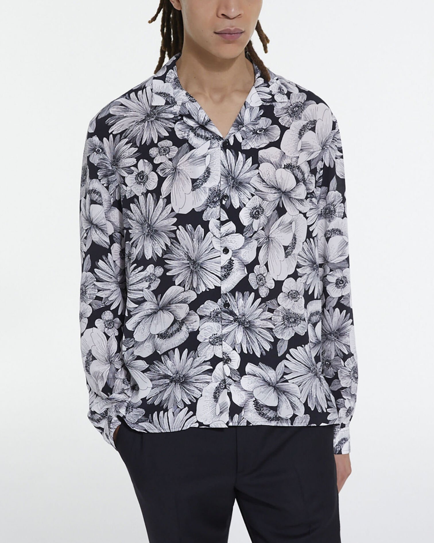 Floral shirt with hawaiian collar, BLACK WHITE, hi-res image number null