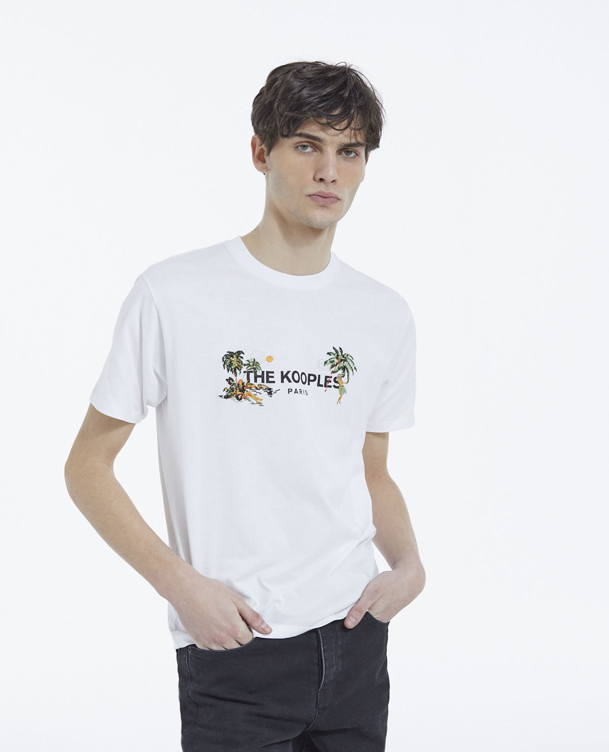 White crew neck T-shirt with Hawaiian motif, WHITE, hi-res image number null