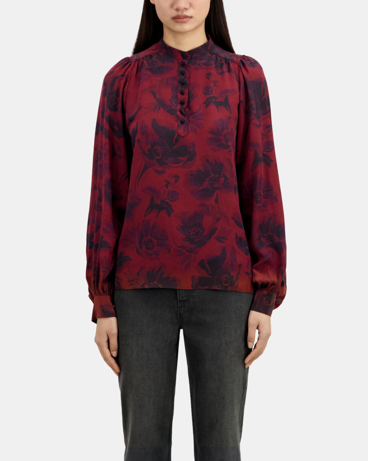 The Kooples WOMEN BLACK - BURGUNDY printed top with buttoning