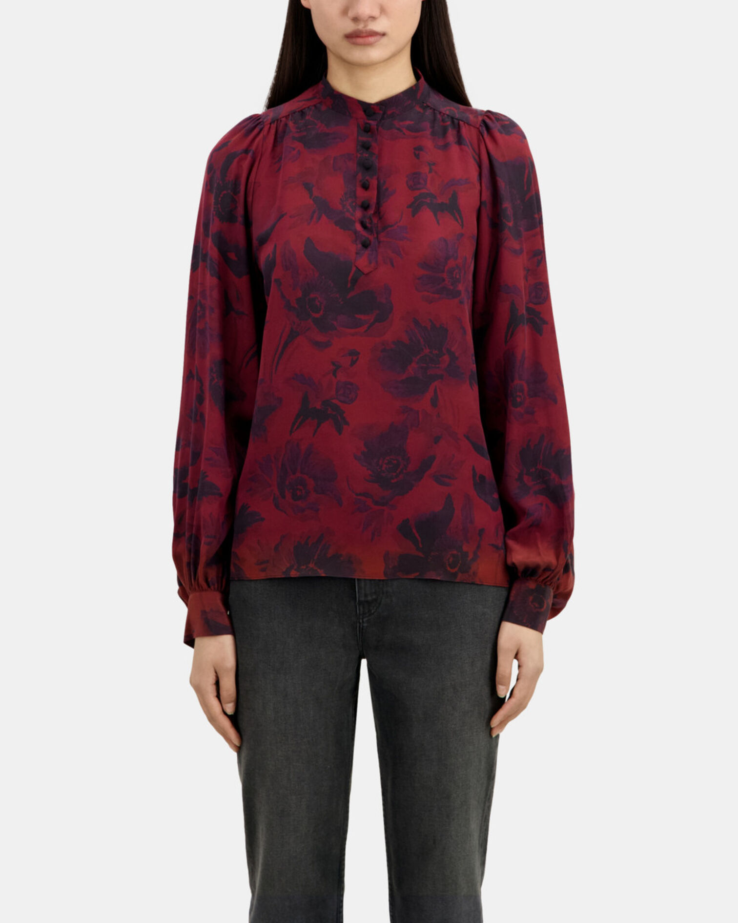 Printed top with buttoning, BLACK - BURGUNDY, hi-res image number null