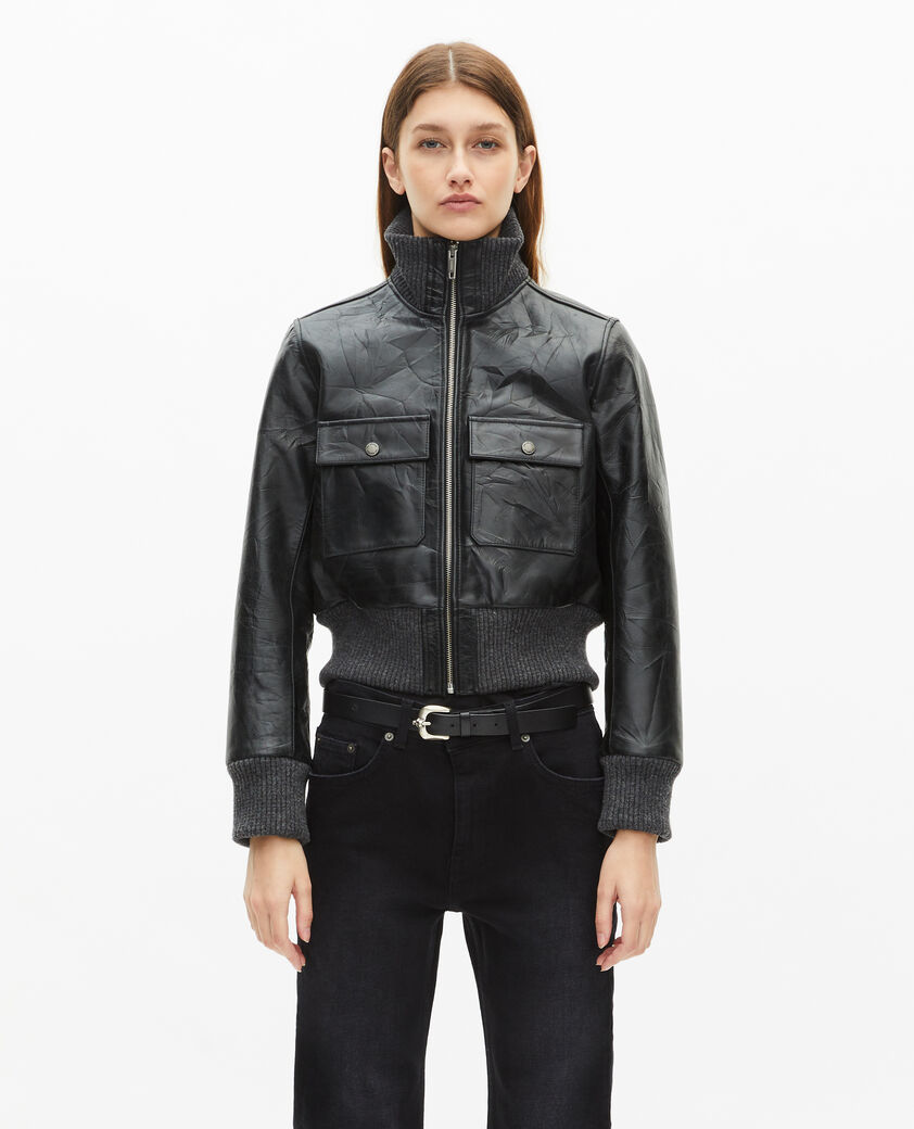 The Kooples F BLACK black distressed leather cropped jacket