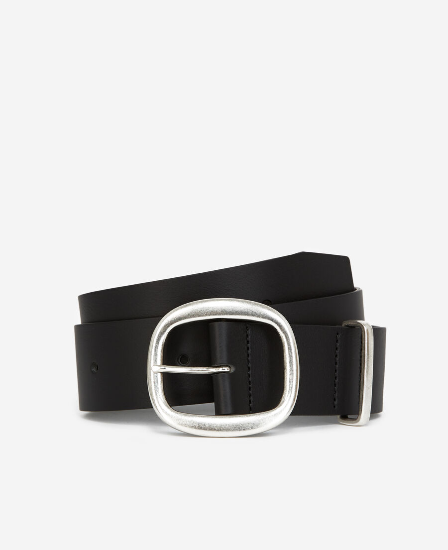 Black leather belt with round buckle