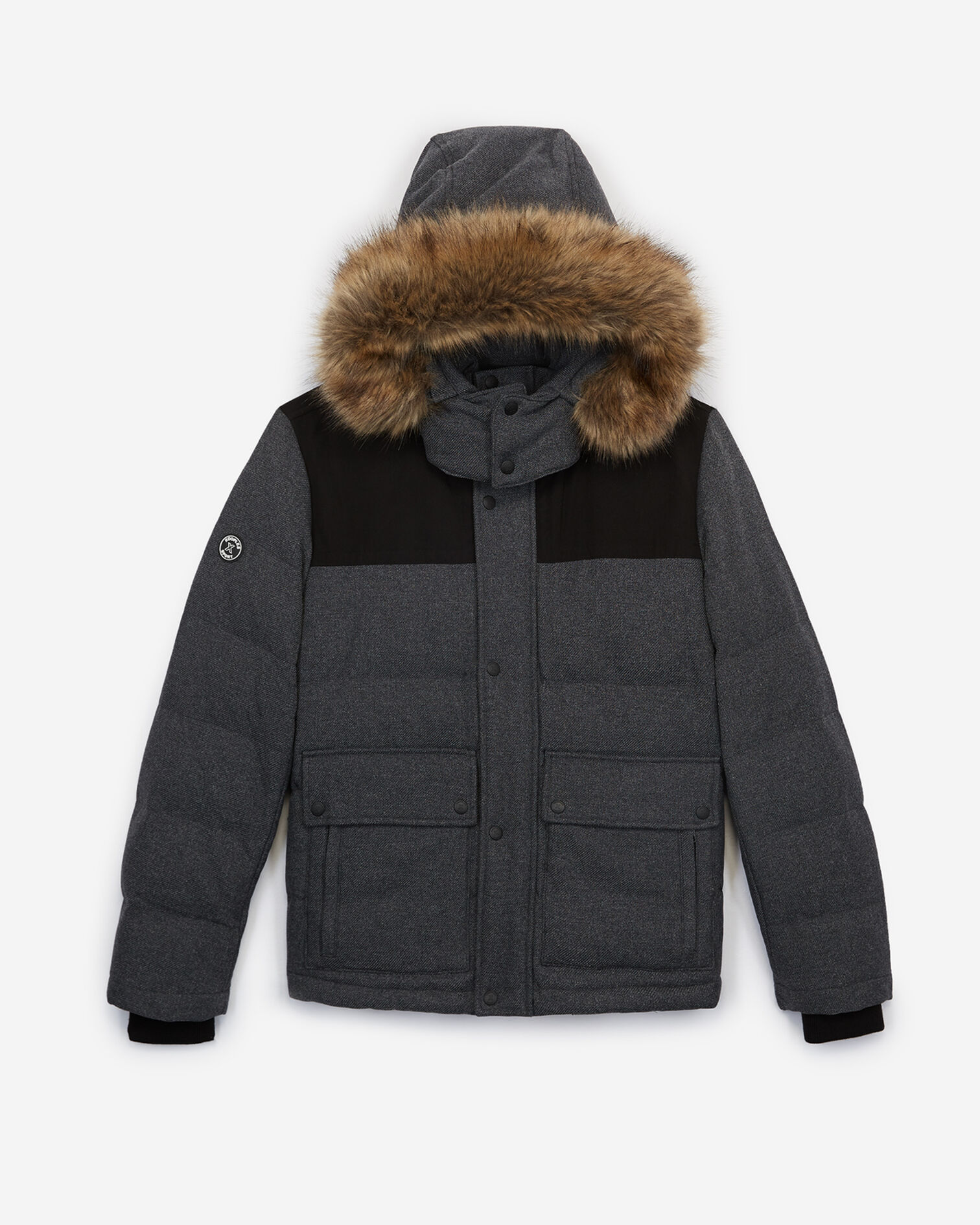 gray nylon down jacket with hood - fur trim, LIGHT GREY MELANGE, hi-res image number null