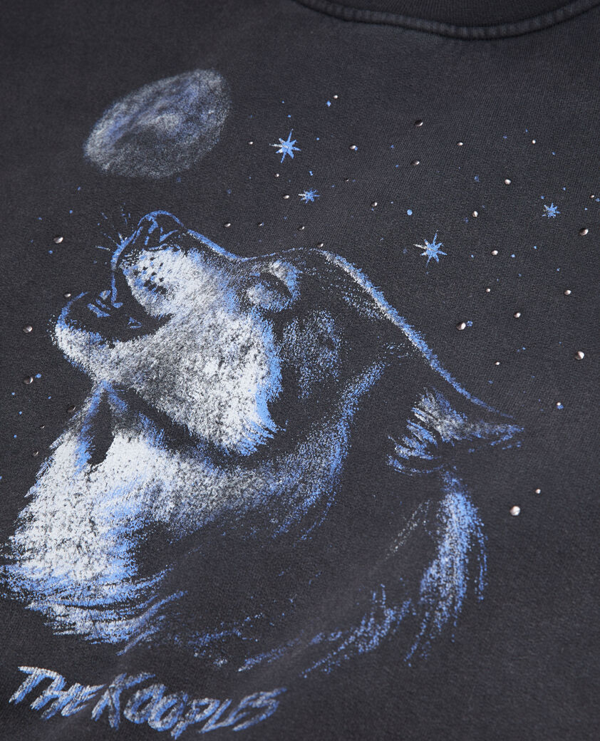 The Kooples FEMME BLACK WASHED sweatshirt femme noir avec sérigraphie wolf