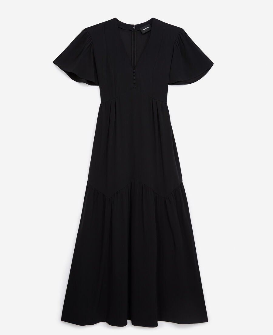 Robe longue noire crepe d?�tail volants | The Kooples - France
