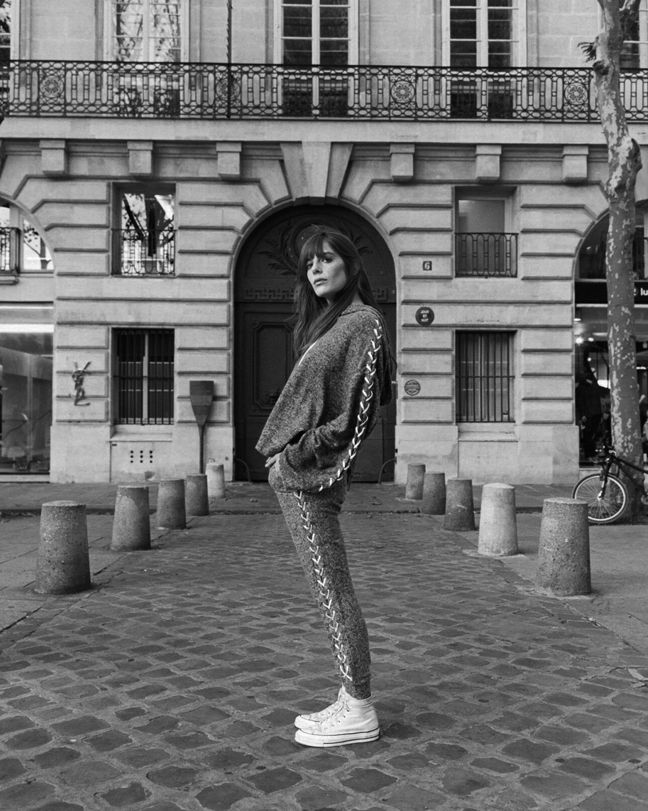 The Kooples FEMME GREY-WHITE jogging gris chiné en molleton détails cuir