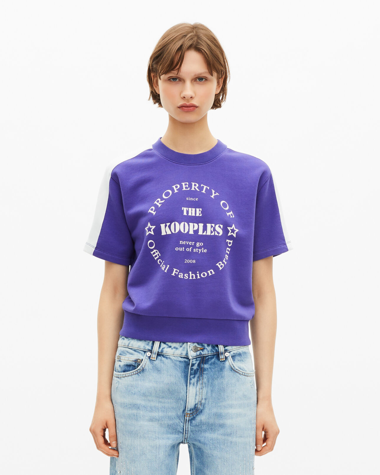 The Kooples DAMEN ELECTRIC BLUE kurzärmeliges sweatshirt mit lila siebdruck