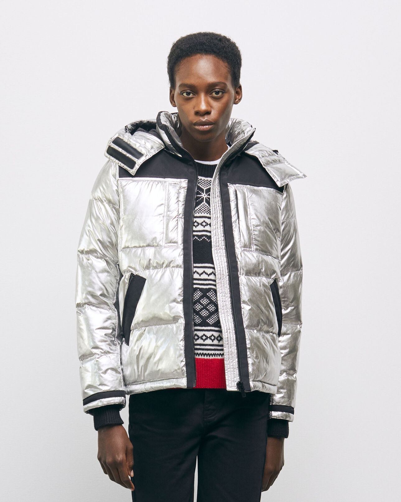 The Kooples WOMEN SILVER silver down jacket with straps and logo
