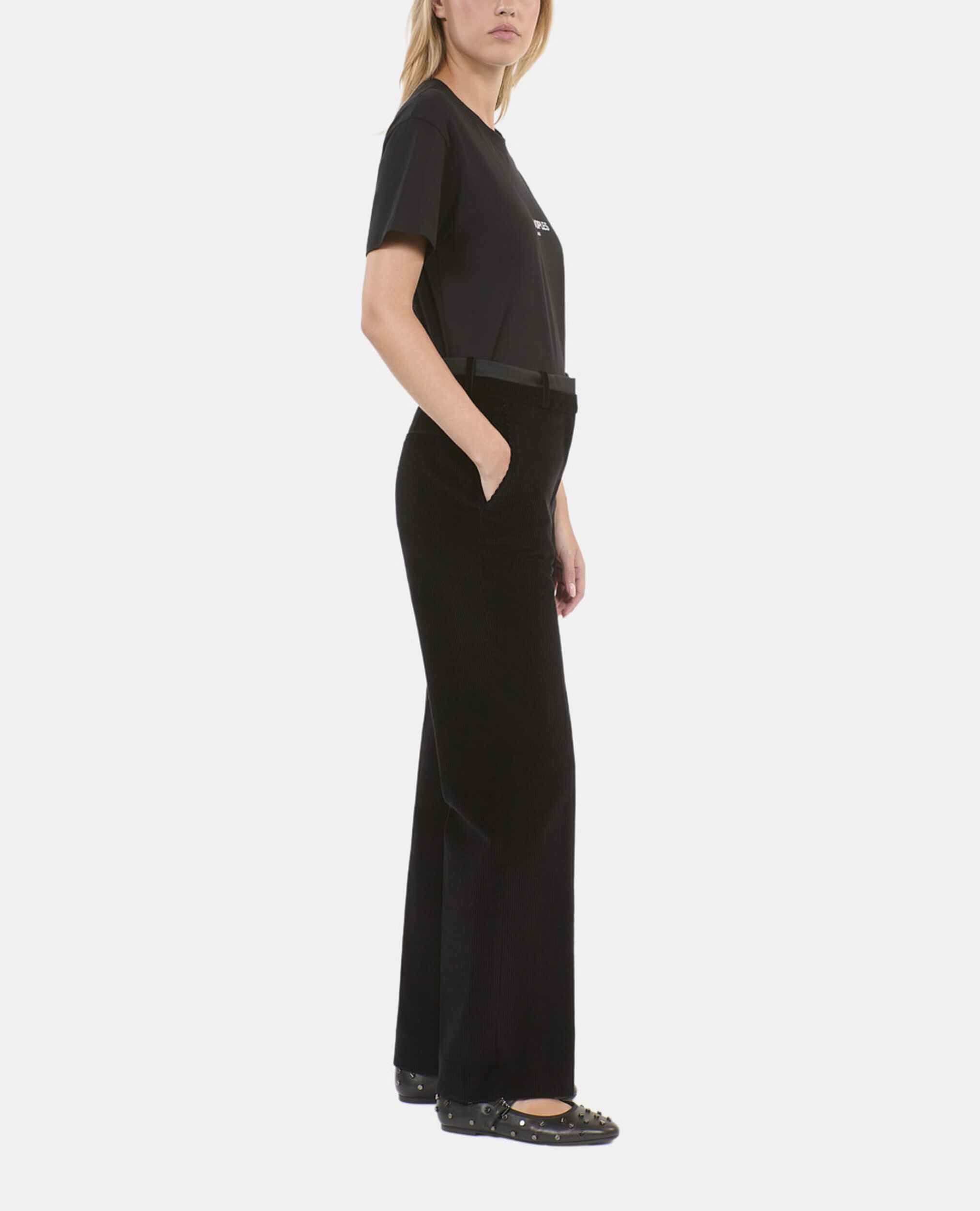 Black corduroy straight-leg tailored pants, BLACK, hi-res image number null