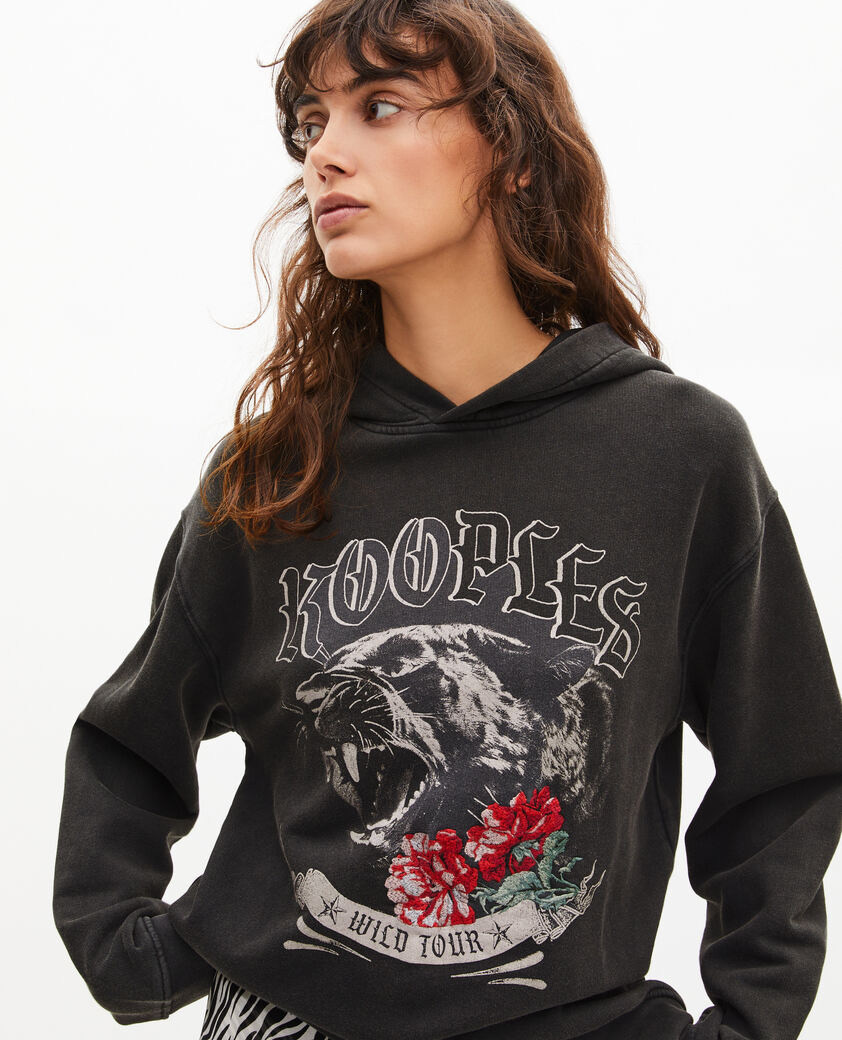 The Kooples WOMEN BLACK WASHED hooded sweatshirt with black screen print