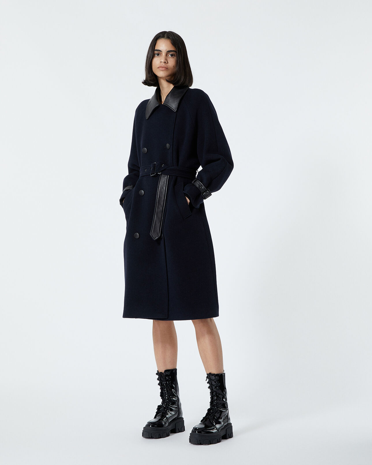 The Kooples WOMEN DARK NAVY trench-style navy blue wool coat