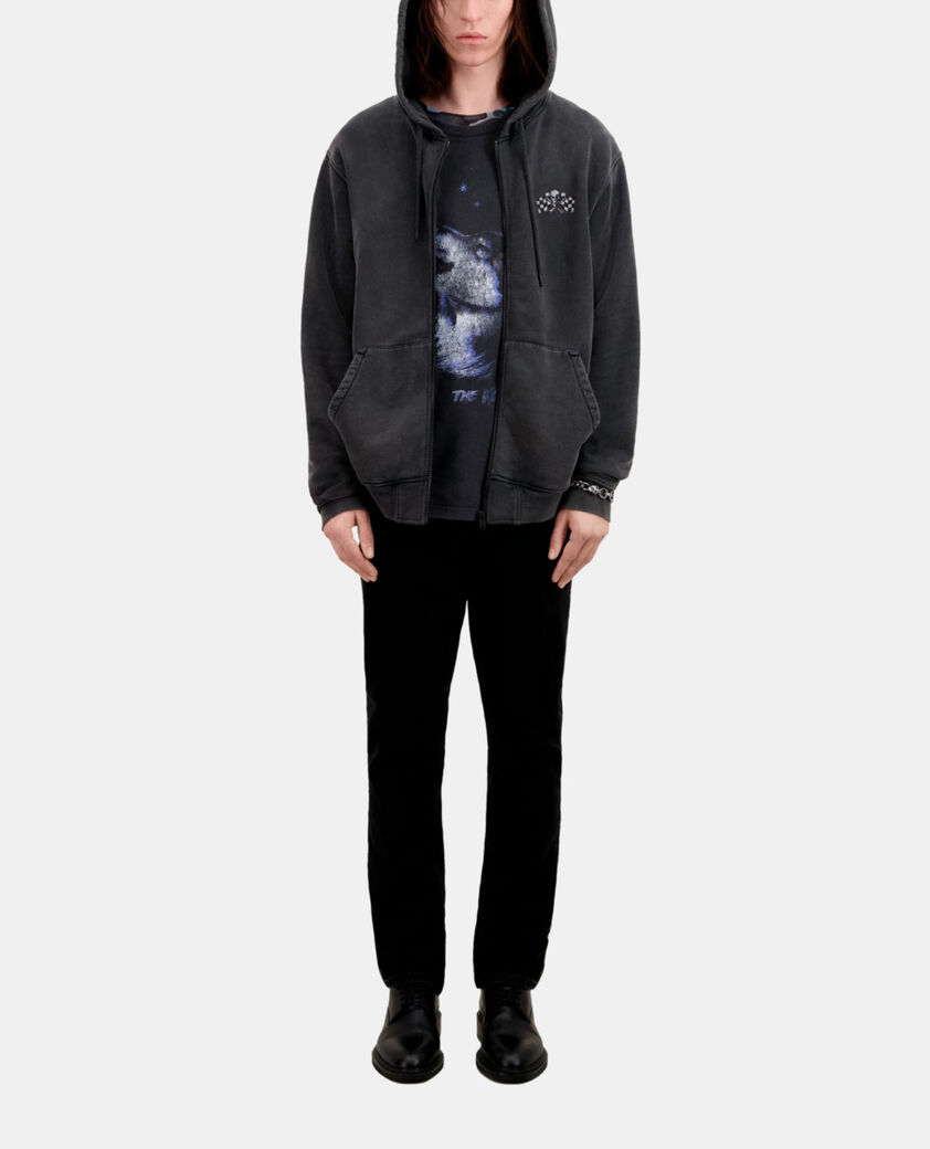 The Kooples HERREN BLACK WASHED herren schwarzes kapuzensweatshirt mit siebdruck