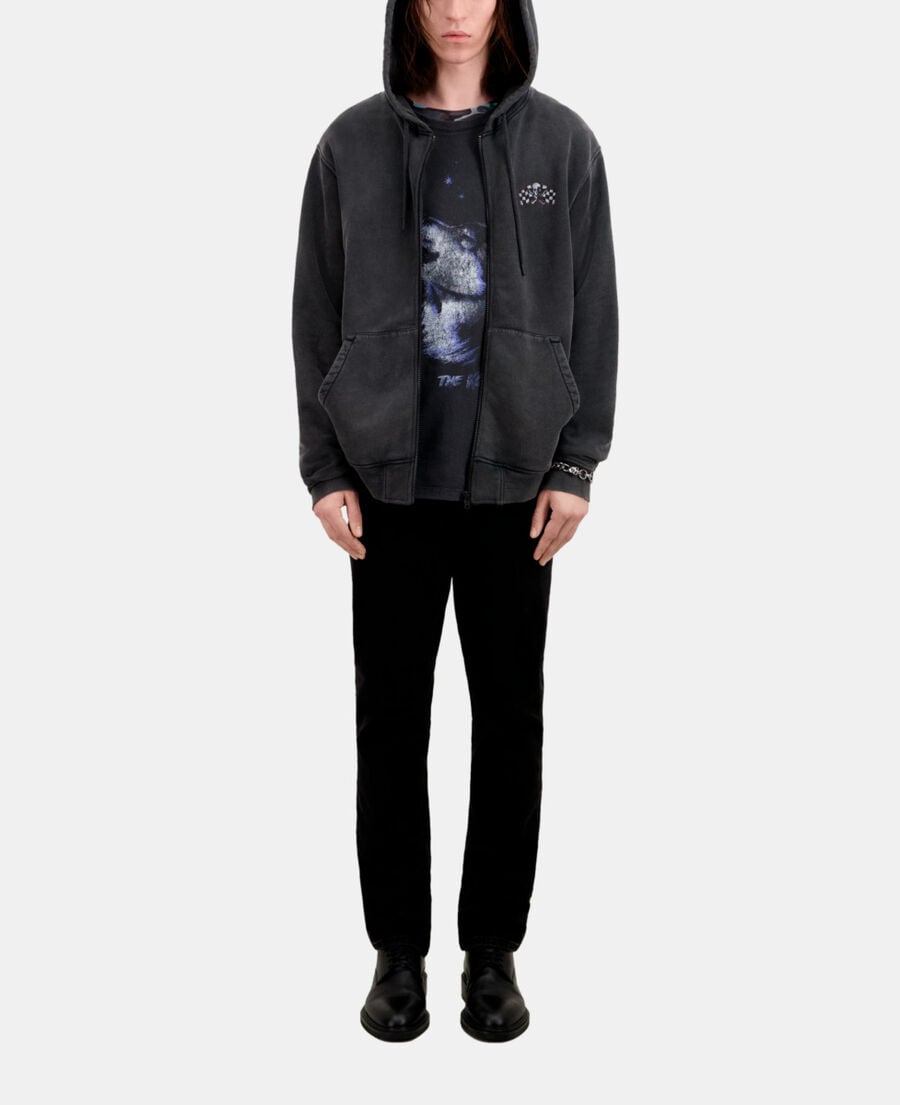 The Kooples HERREN BLACK WASHED herren schwarzes kapuzensweatshirt mit siebdruck