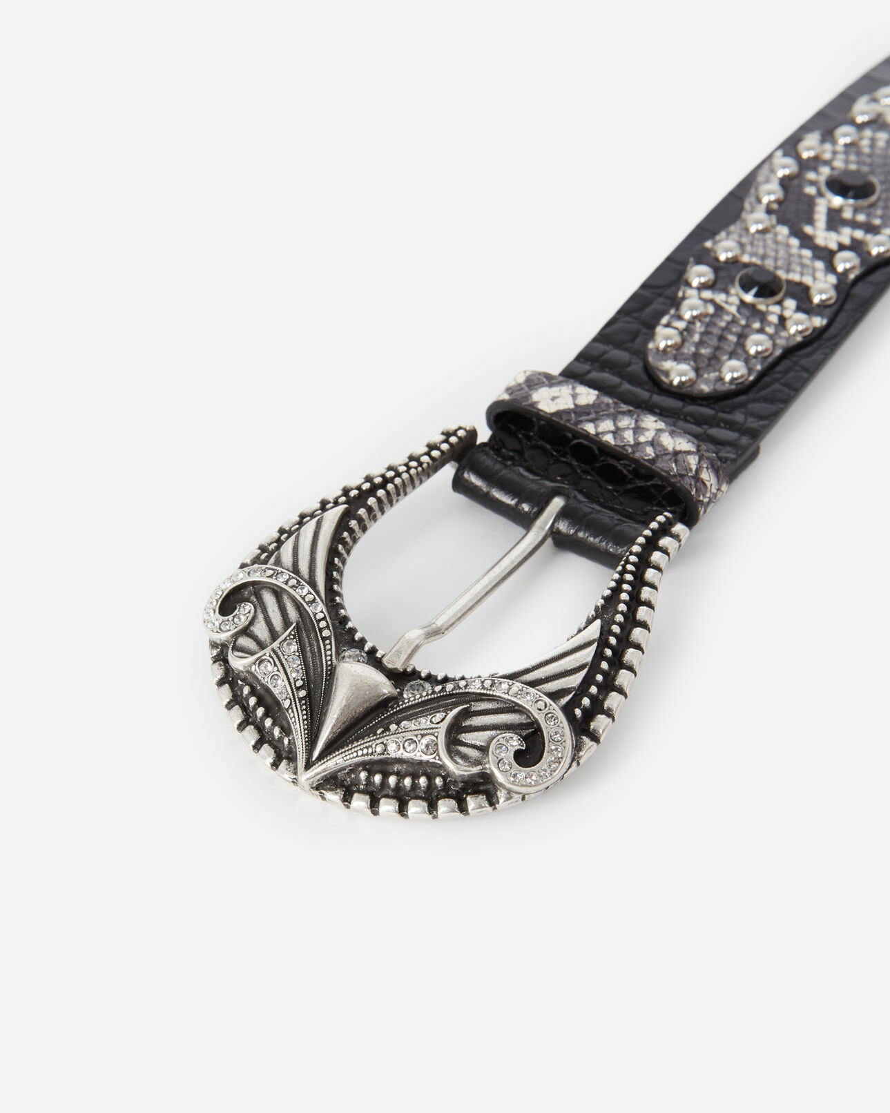 The Kooples WOMEN BLACK WHITE snake-effect black leather belt w/rhinestones