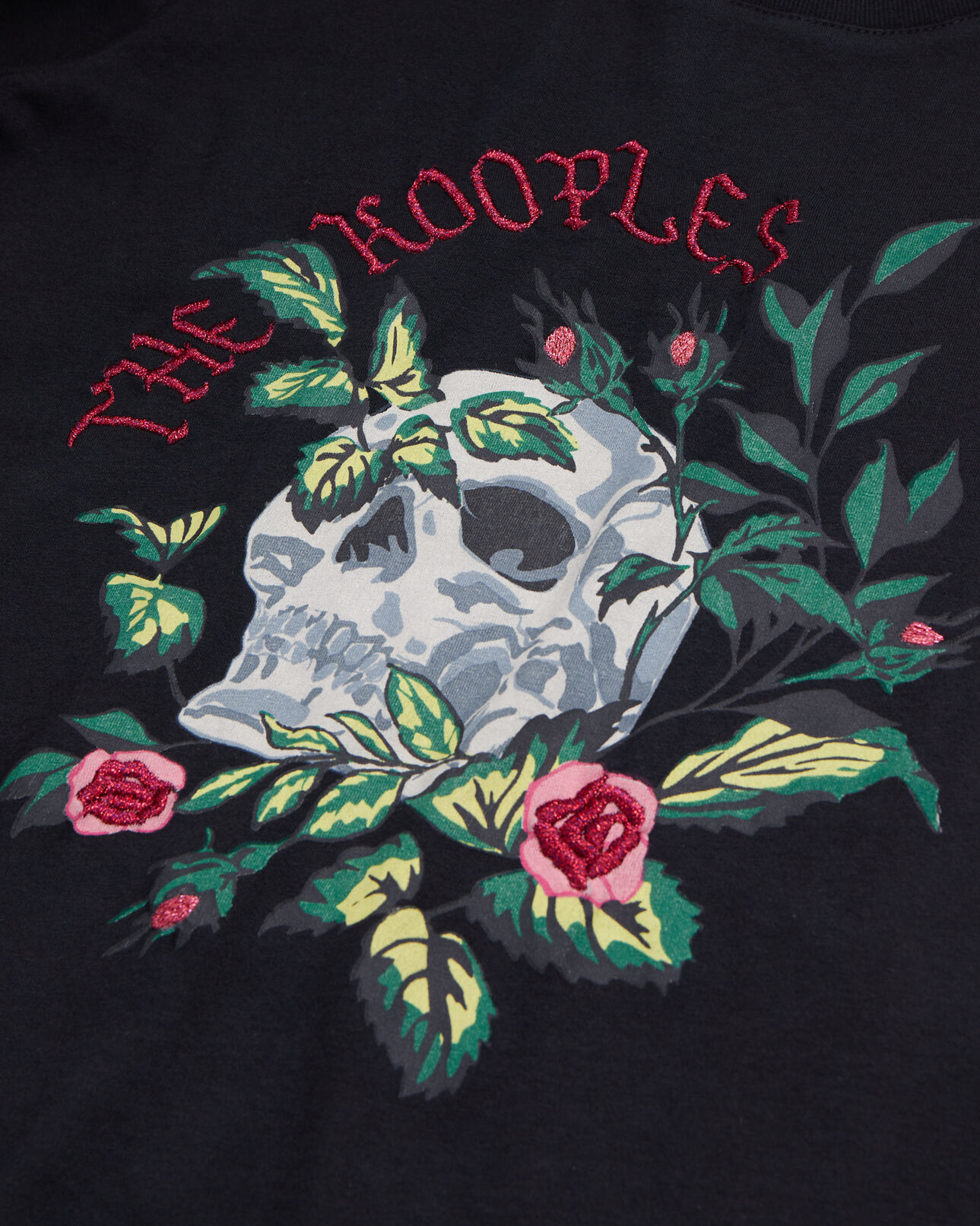 The Kooples WOMEN BLACK women's black t-shirt with skull - roses serigraphy