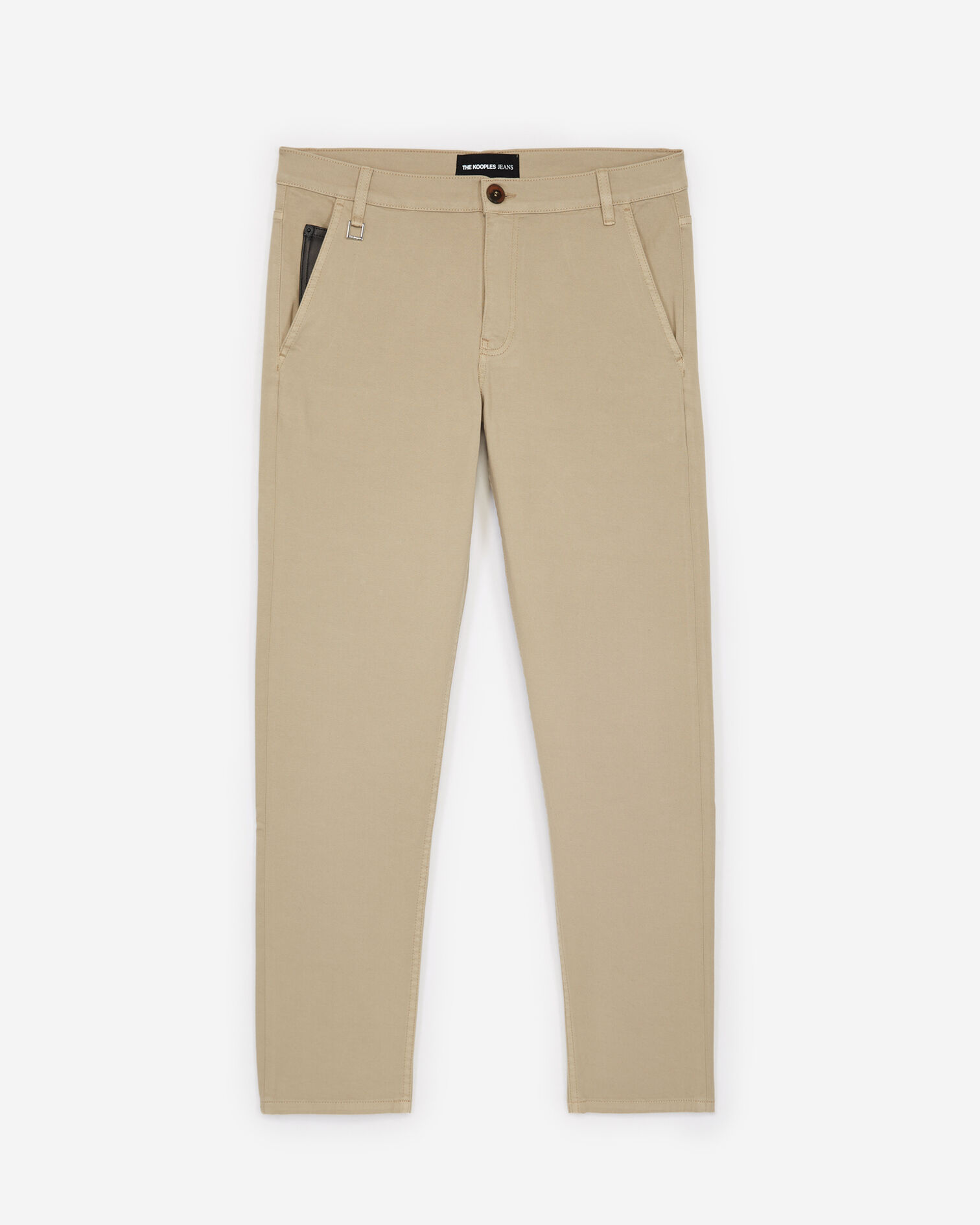 Pantalon coton beige poche ticket cuir, BEIGE, hi-res image number null
