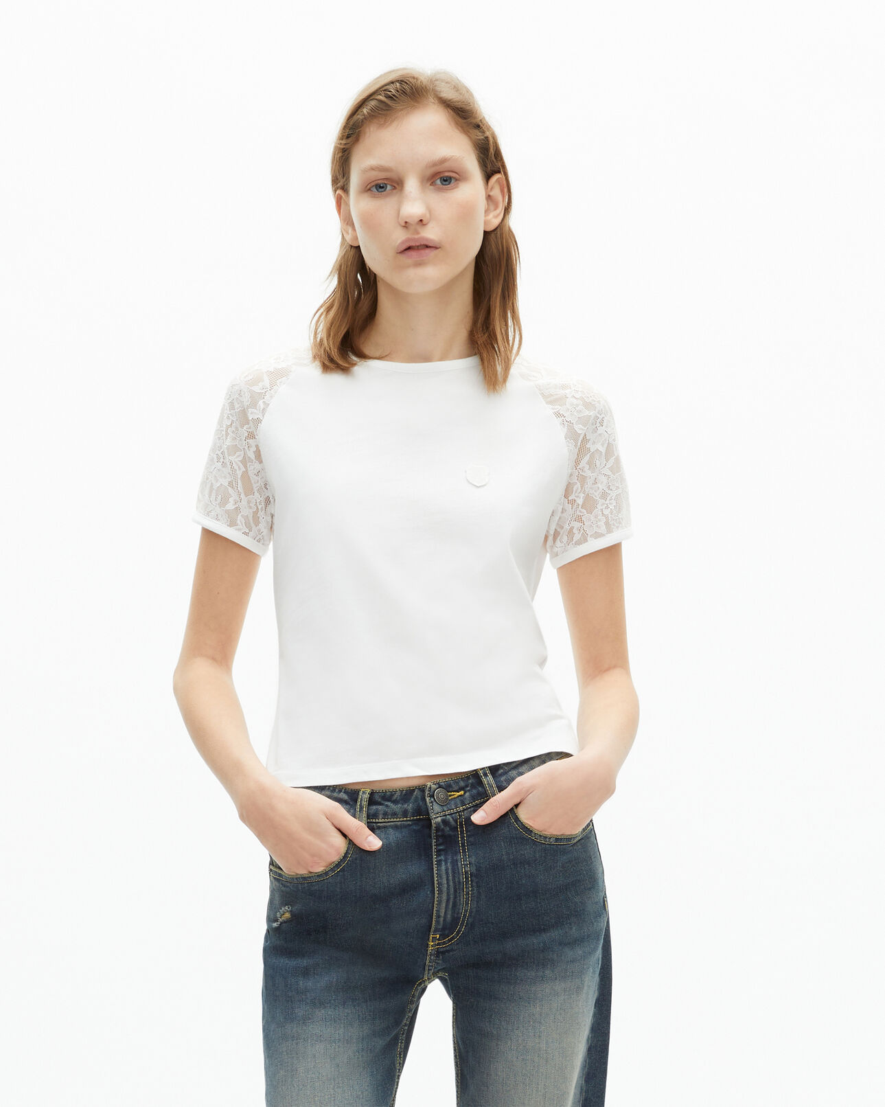 The Kooples FEMME ECRU t-shirt manches en dentelle blanc