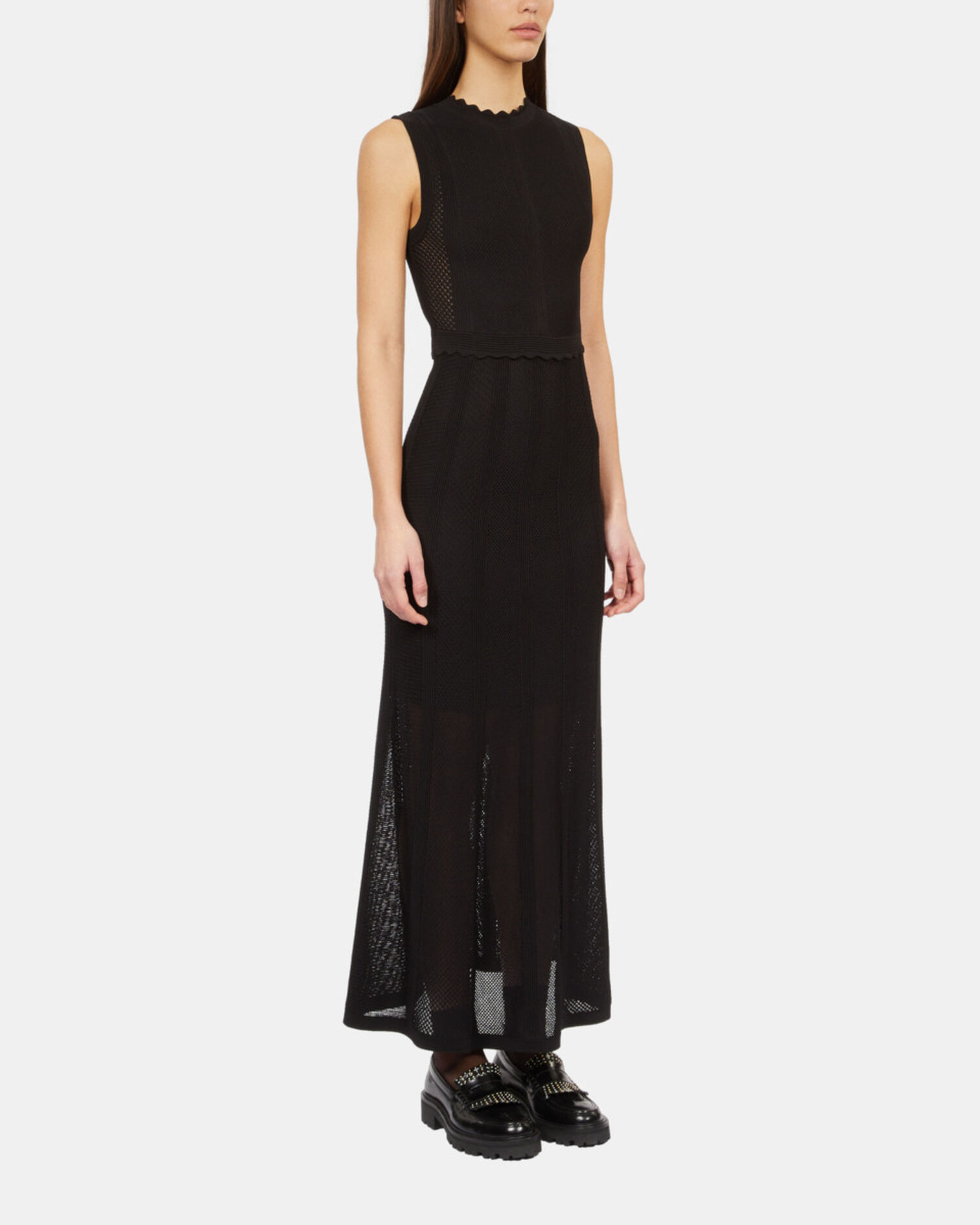 Long black openwork knit dress, BLACK, hi-res image number null