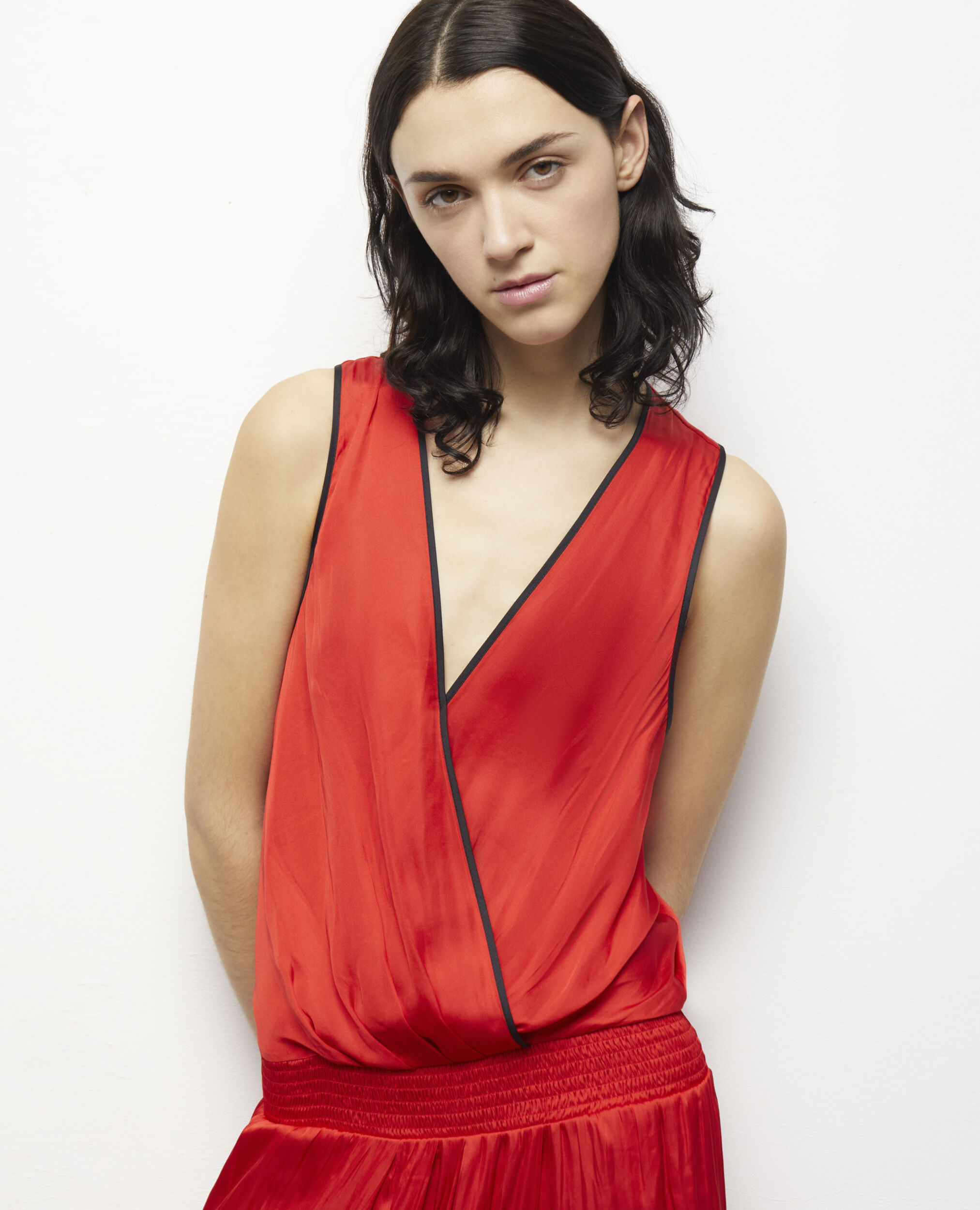 Long red satin dress, RED, hi-res image number null