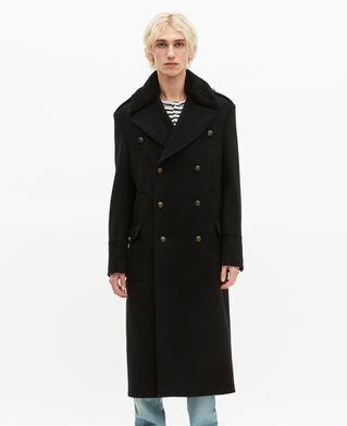The Kooples MEN BLACK long black wool coat with sherpa collar