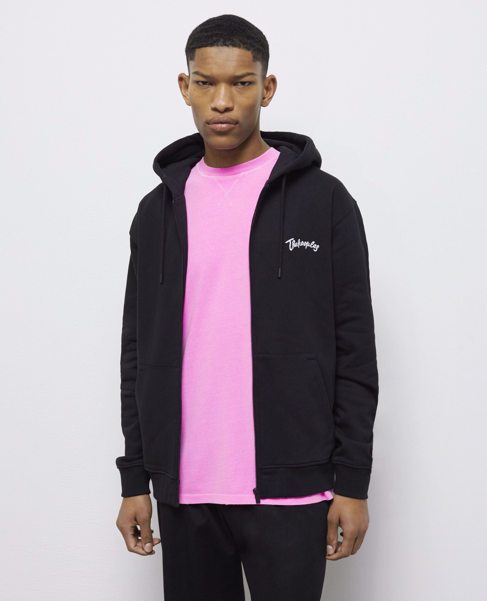 Sweatshirt à capuche noir zippé avec broderies, BLACK, hi-res image number null