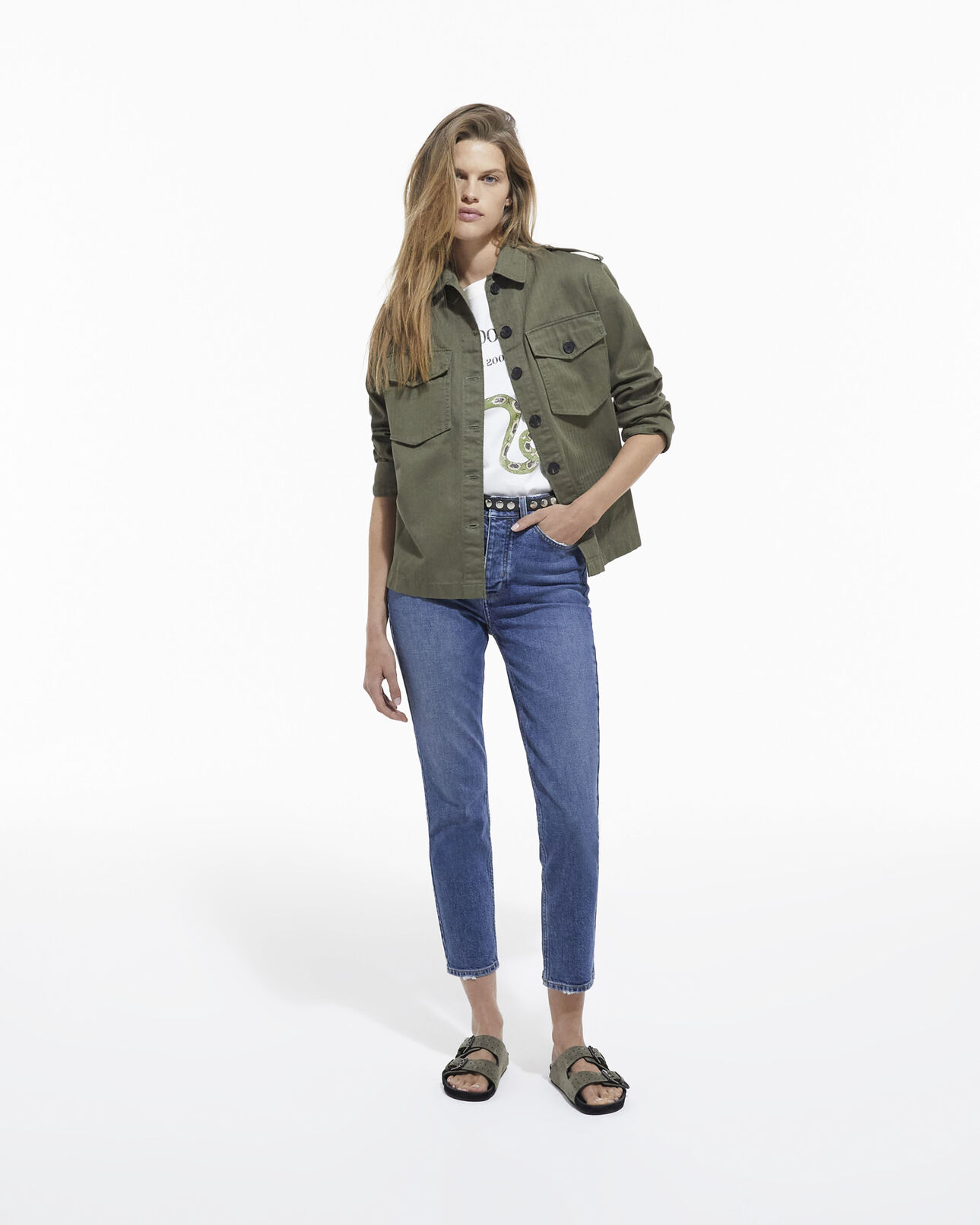 The Kooples DAMEN OLIVE NIGHT khakifarbenes jackenhemd mit leopardenfutter