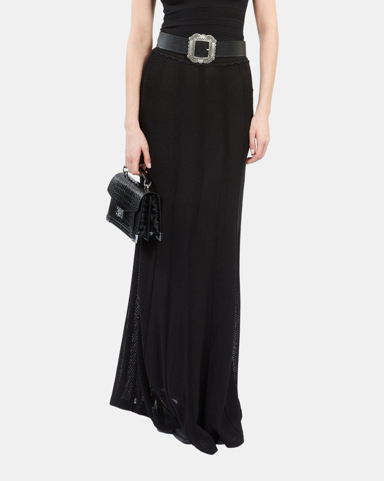 The Kooples WOMEN BLACK long black openwork knit skirt