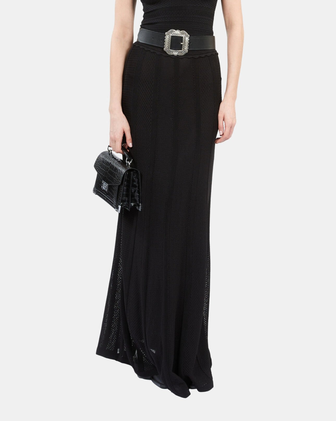 The Kooples WOMEN BLACK long black openwork knit skirt