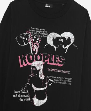 The Kooples HERREN BLACK WASHED langarm-t-shirt mit schwarzem siebdruck