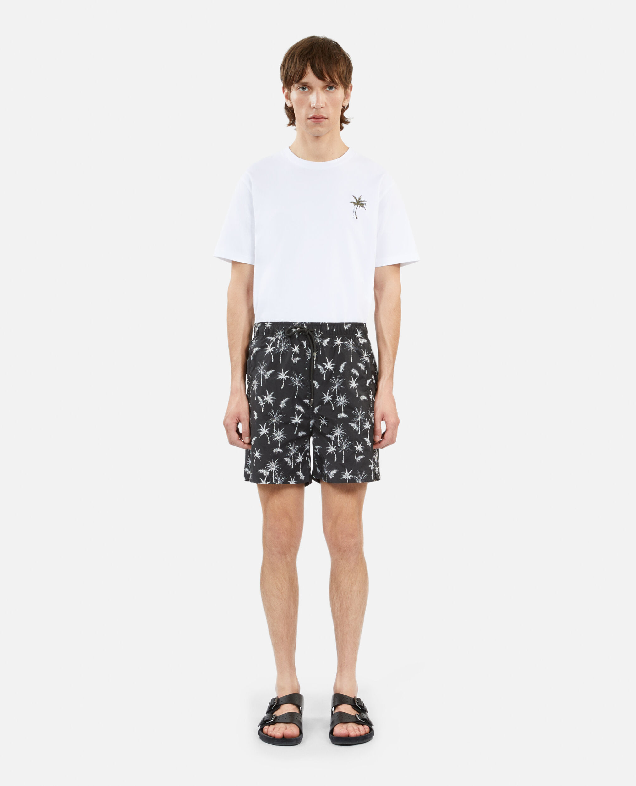 Black and white palm tree print swim shorts
