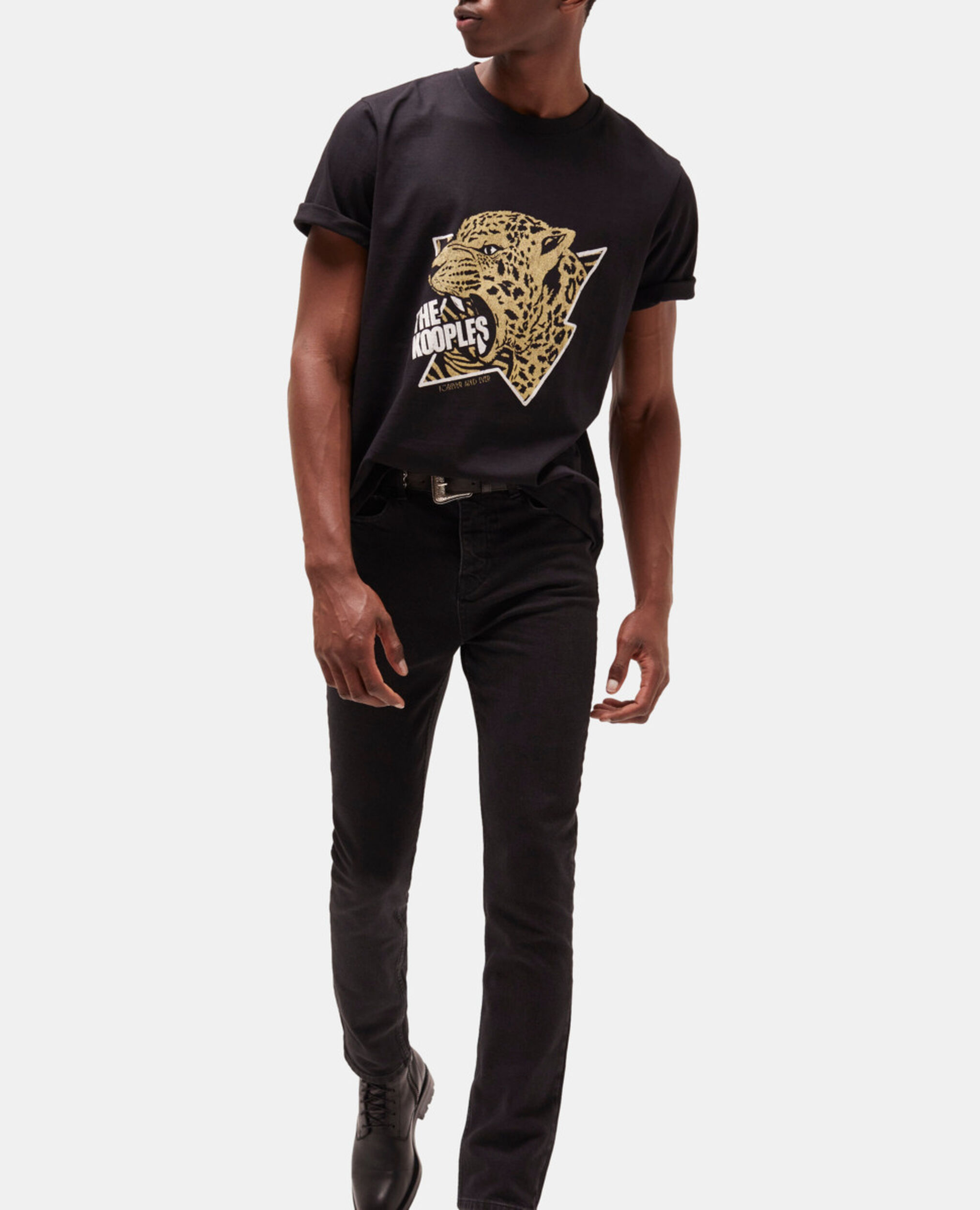 Black screen print T-shirt, BLACK-ANTIC GOLD, hi-res image number null