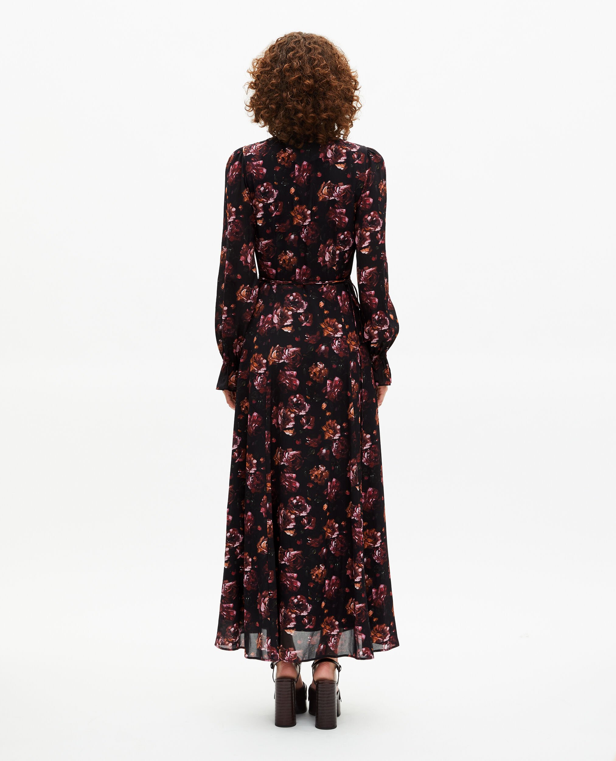 Burgundy silk blend floral print long dress, BLACK - RED, hi-res image number null