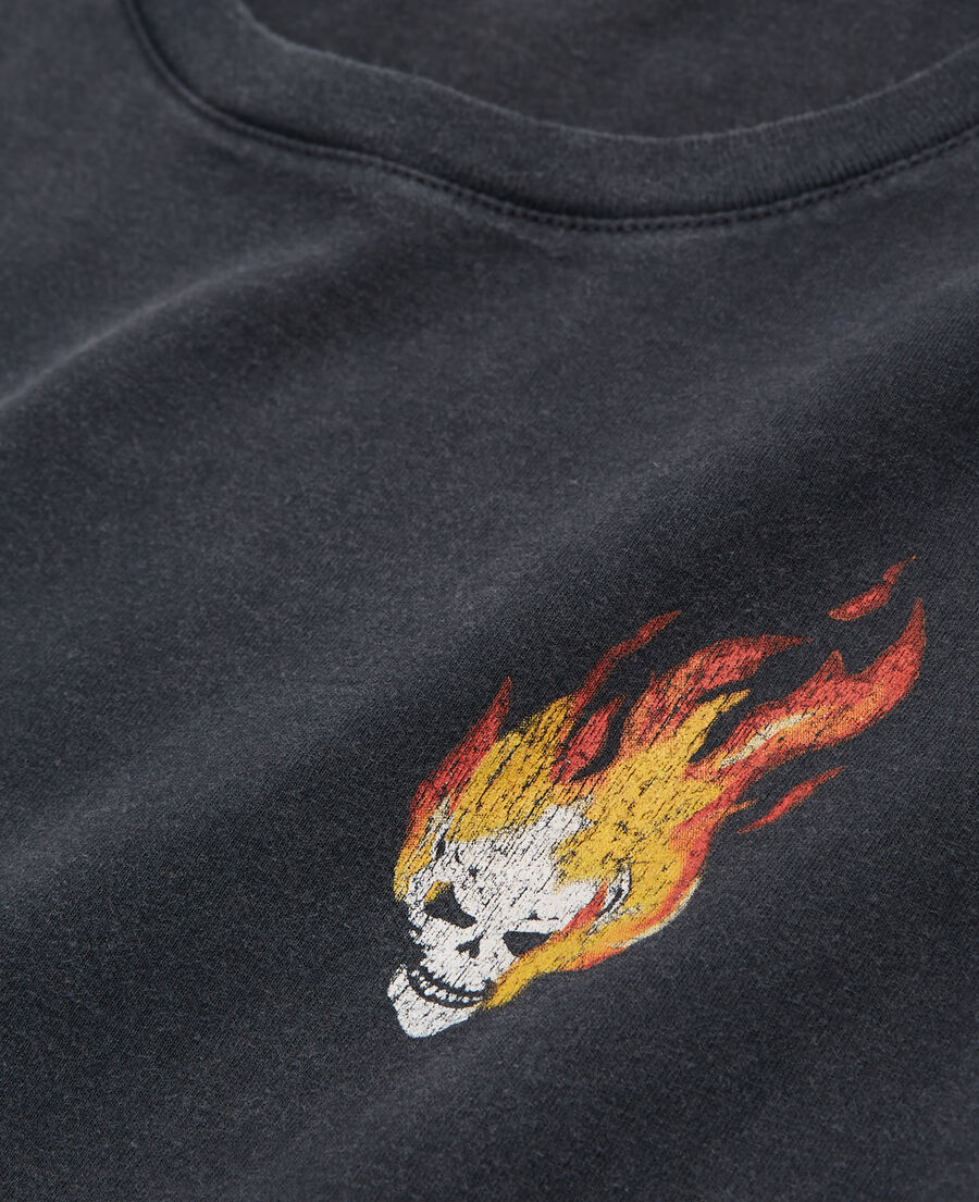 women's black t-shirt with skull on fire print