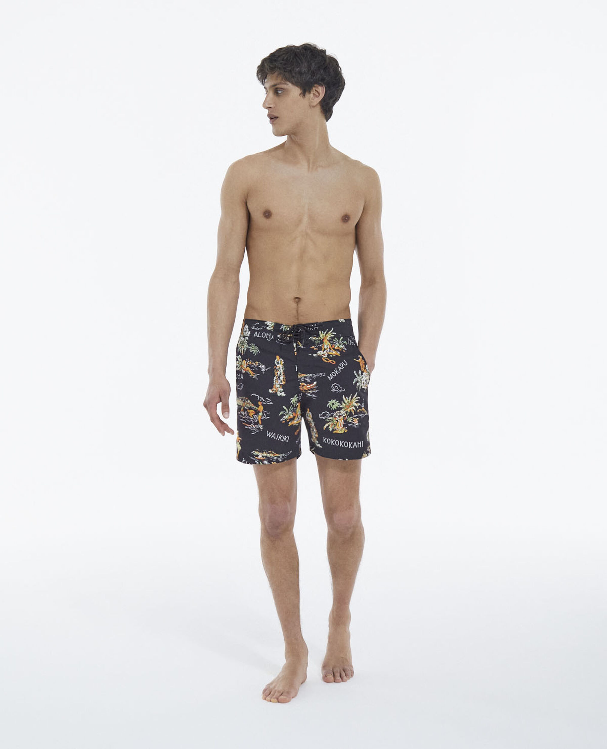 Black swim shorts with Hawaiian print, BLACK, hi-res image number null