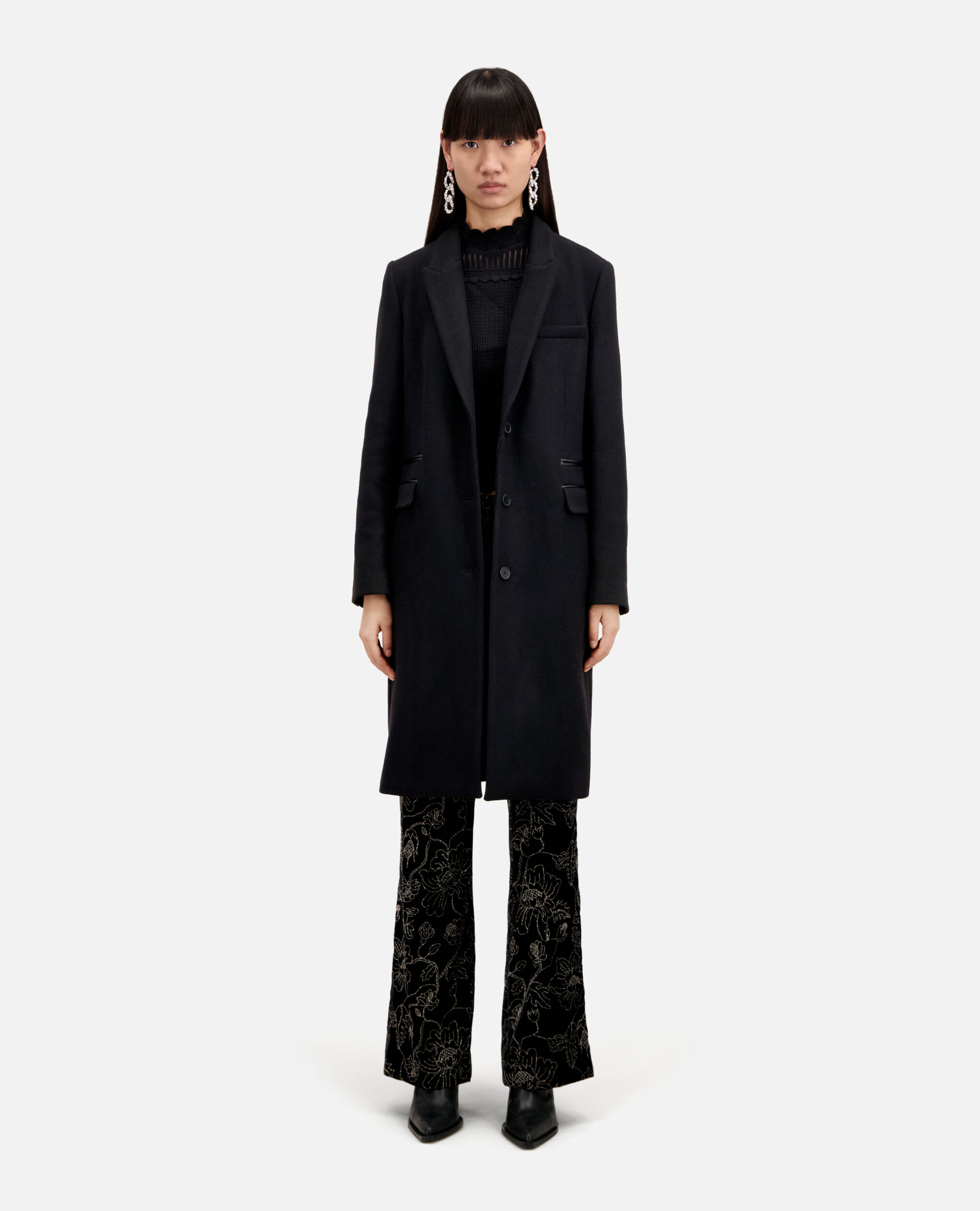 Long black coat in wool blend | The Kooples - US