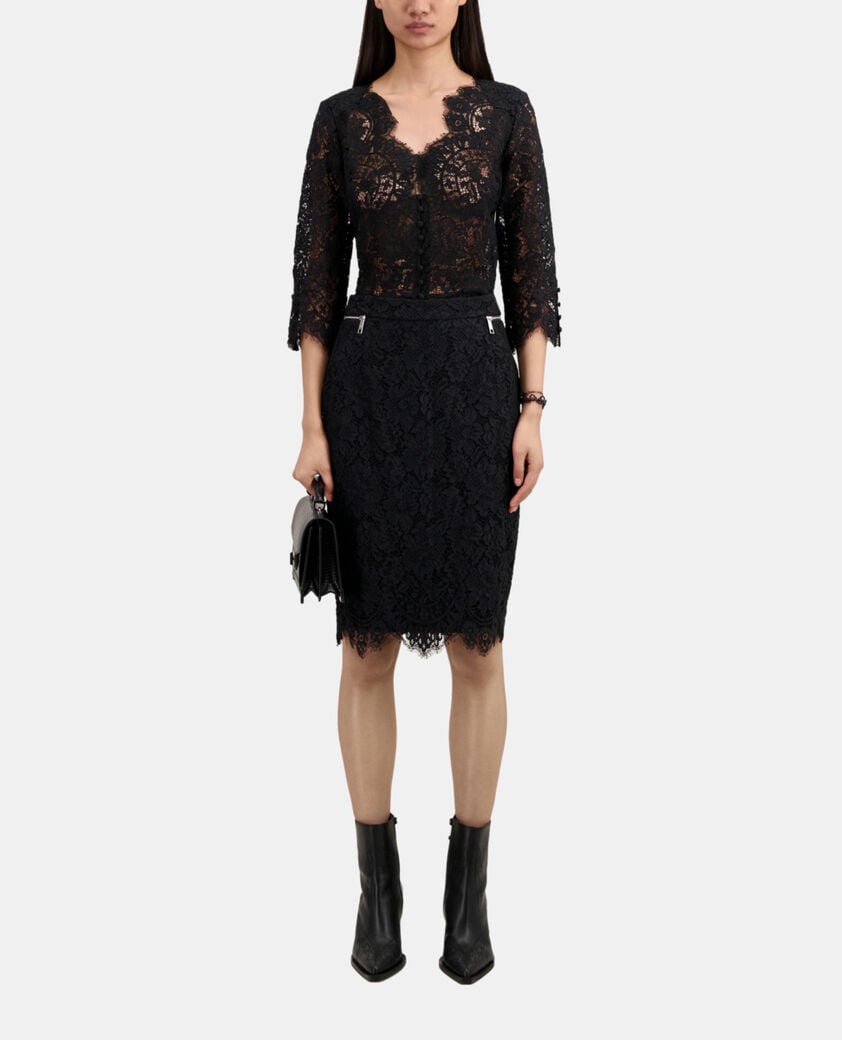 The Kooples FEMME BLACK jupe crayon mi-longue en dentelle noire