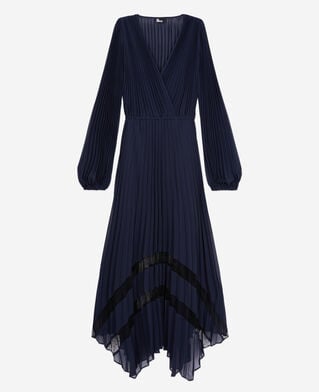 The Kooples WOMEN NAVY pleated long dress with navy blue lace