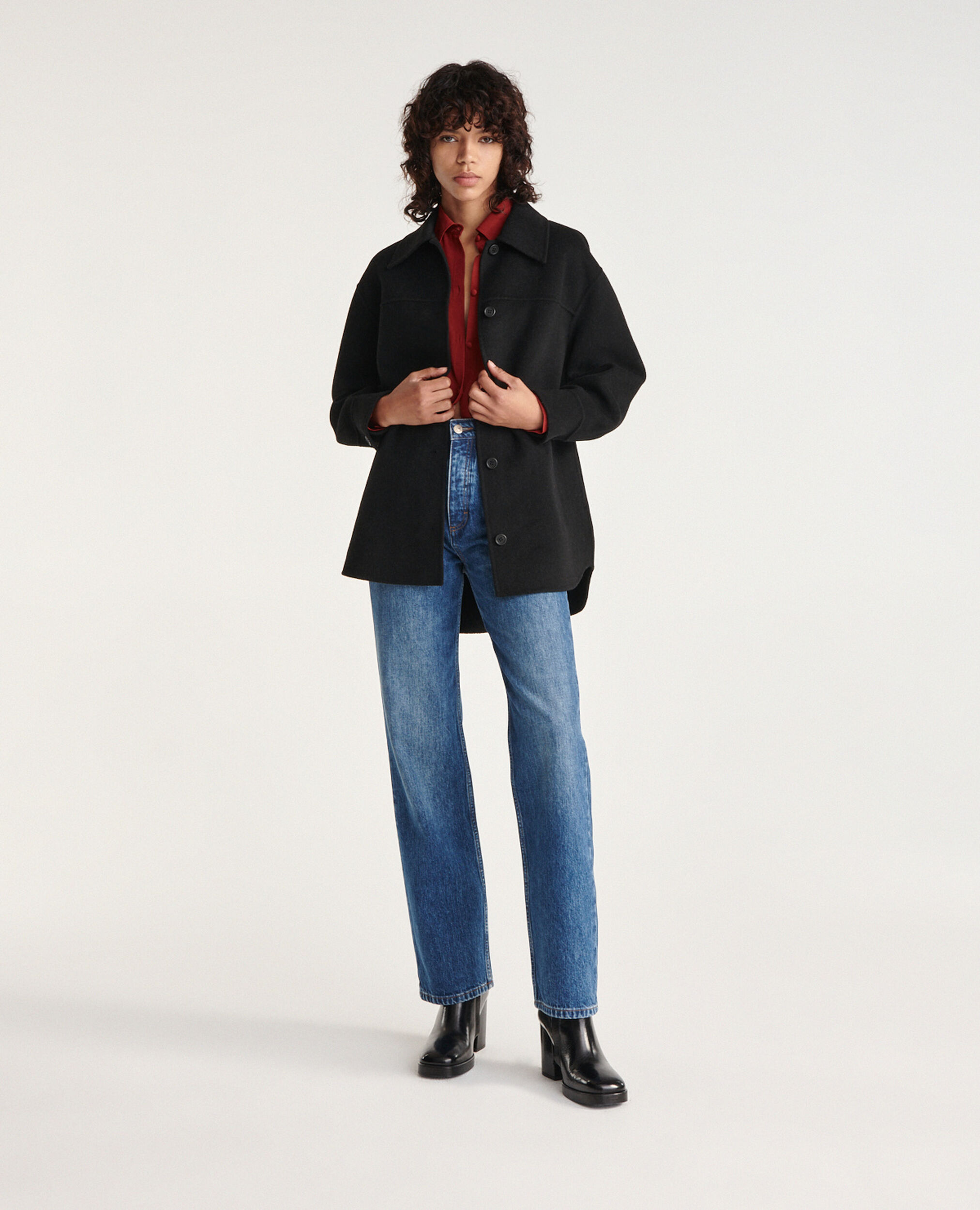 Overshirt-style black wool jacket, BLACK, hi-res image number null