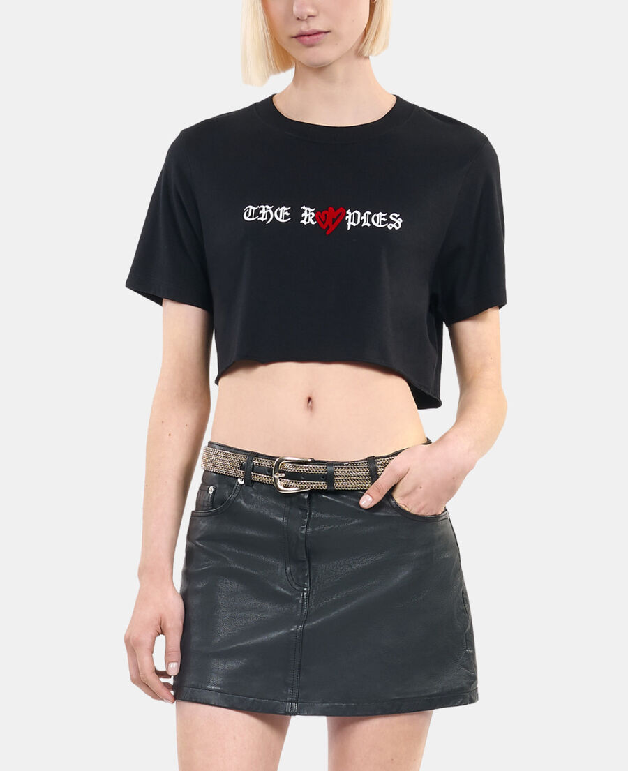 The Kooples DAMEN BLACK schwarzes t-shirt mit twin hearts-siebdruck