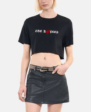The Kooples DAMEN BLACK schwarzes t-shirt mit twin hearts-siebdruck