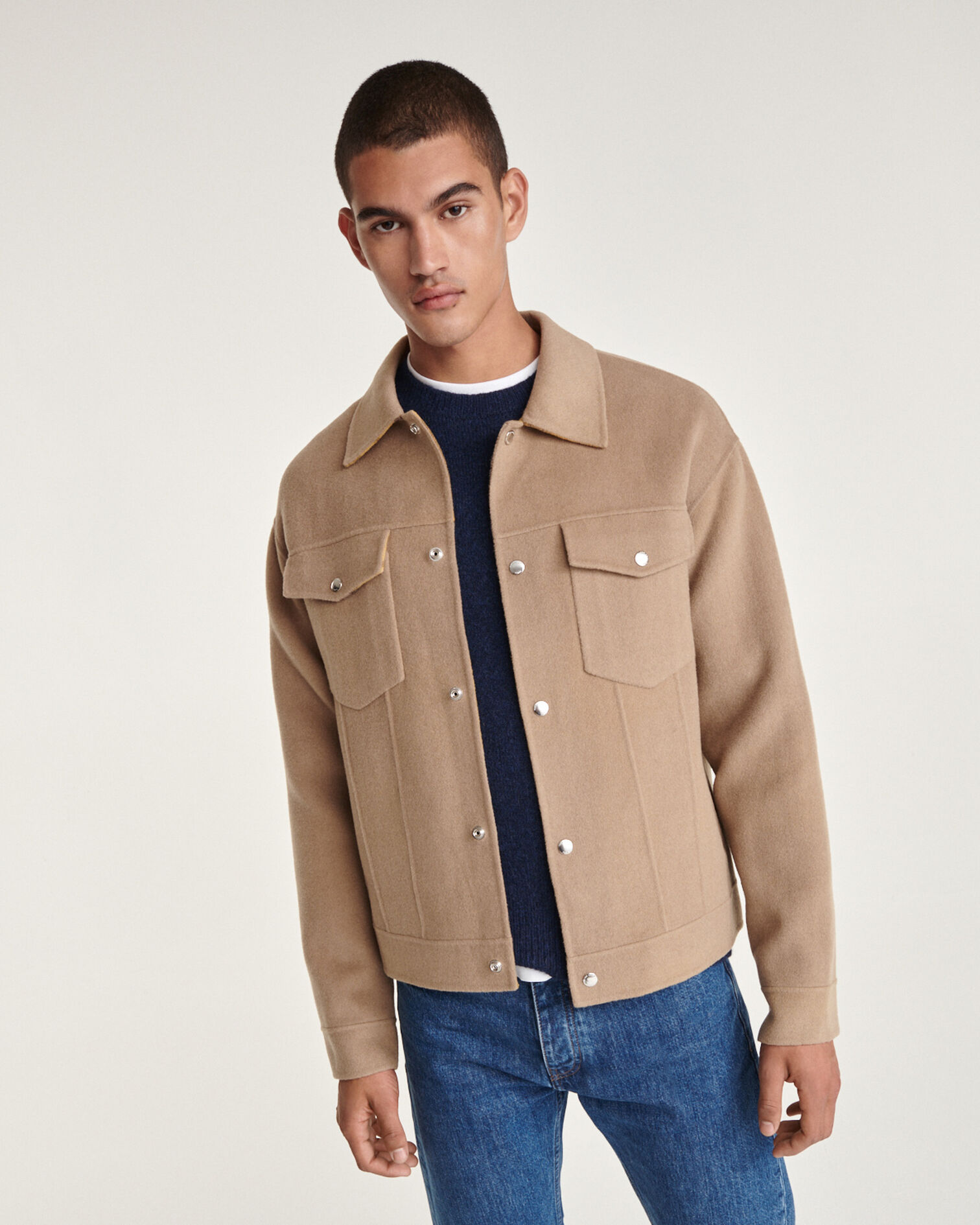 Double-sided wool jacket with beige pockets, BEIGE, hi-res image number null
