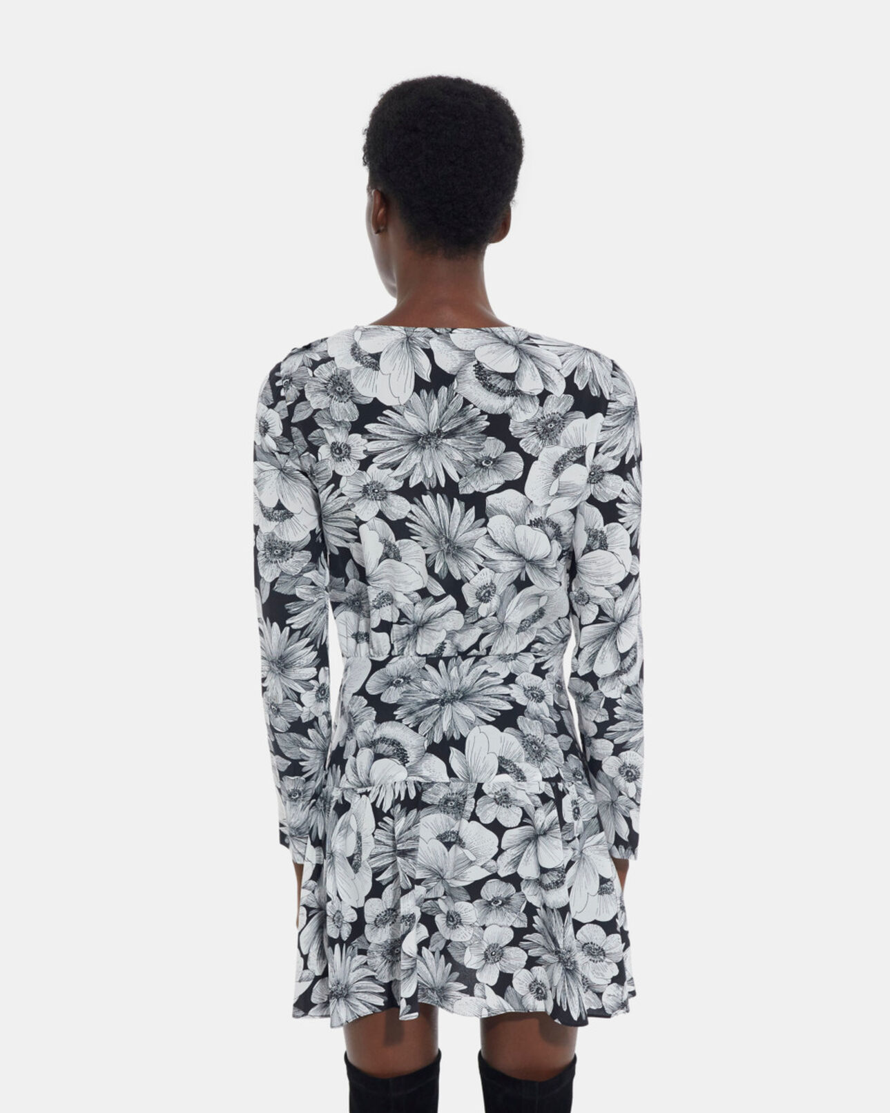 The Kooples WOMEN BLACK WHITE short floral silk dress