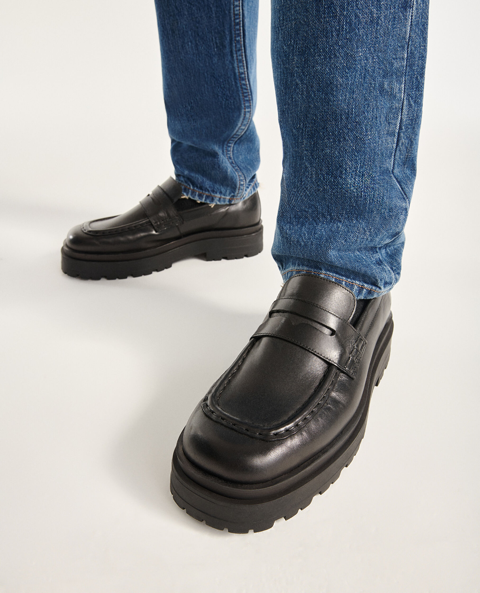 Black moccasins in leather with platform sole, BLACK, hi-res image number null