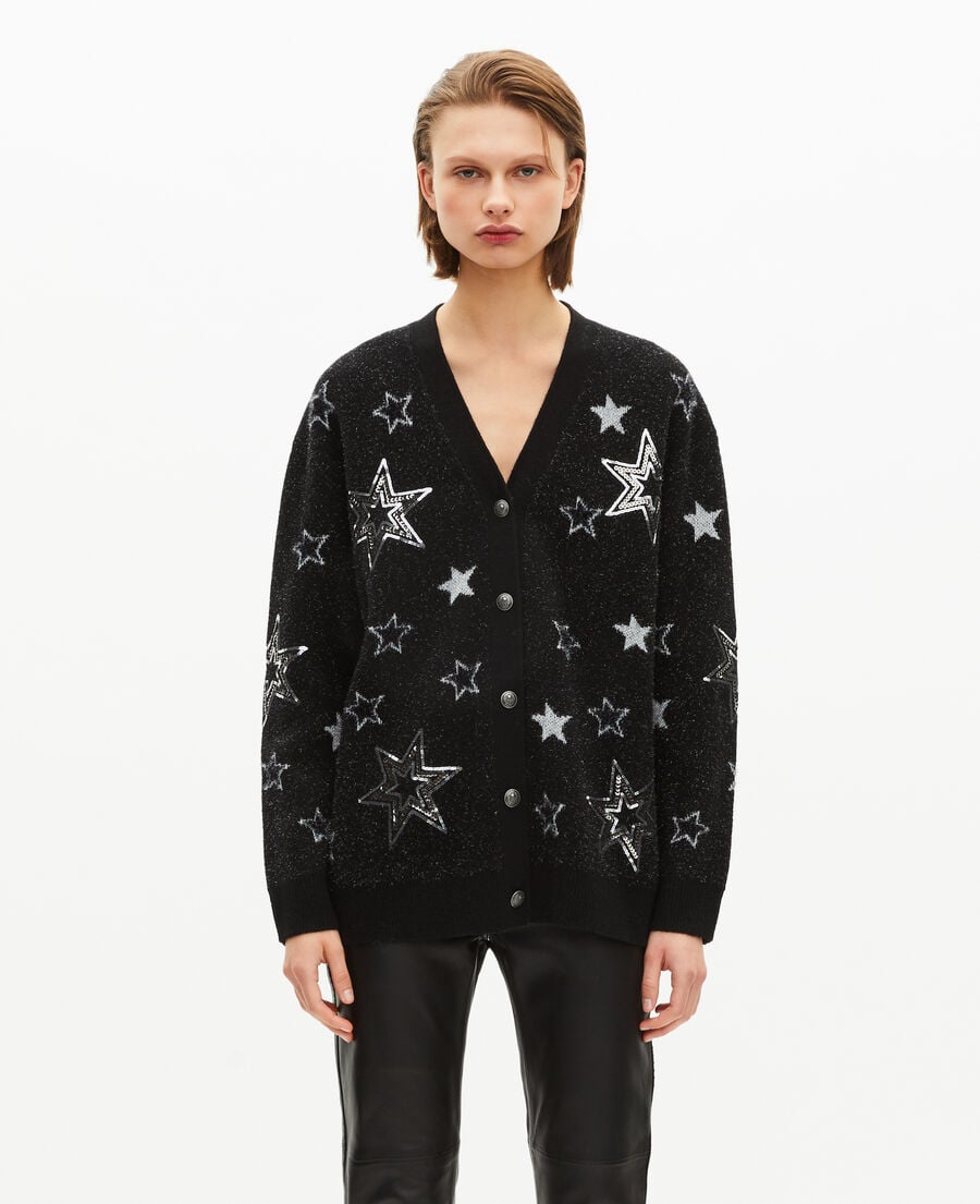 The Kooples FEMME BLACK cardigan en laine motif étoiles à sequins noir