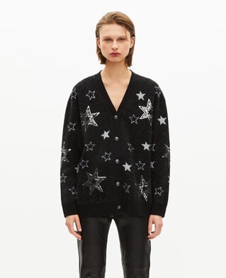 The Kooples FEMME BLACK cardigan en laine motif étoiles à sequins noir