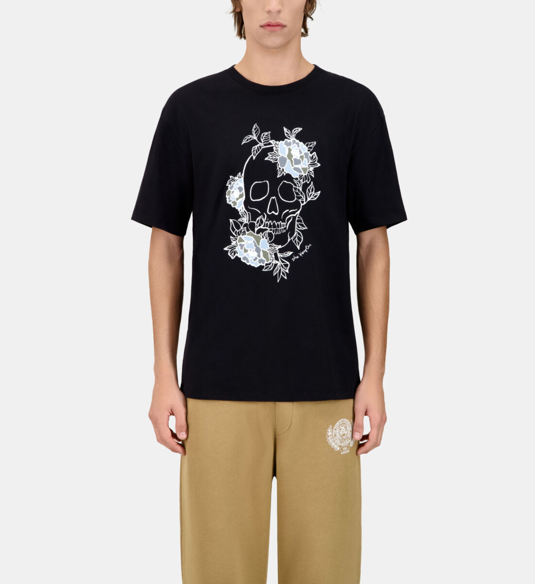 Men's black t-shirt with Flower skull serigraphy