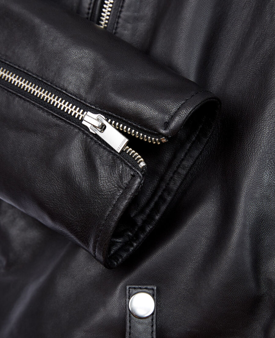 zipped black leather biker jacket