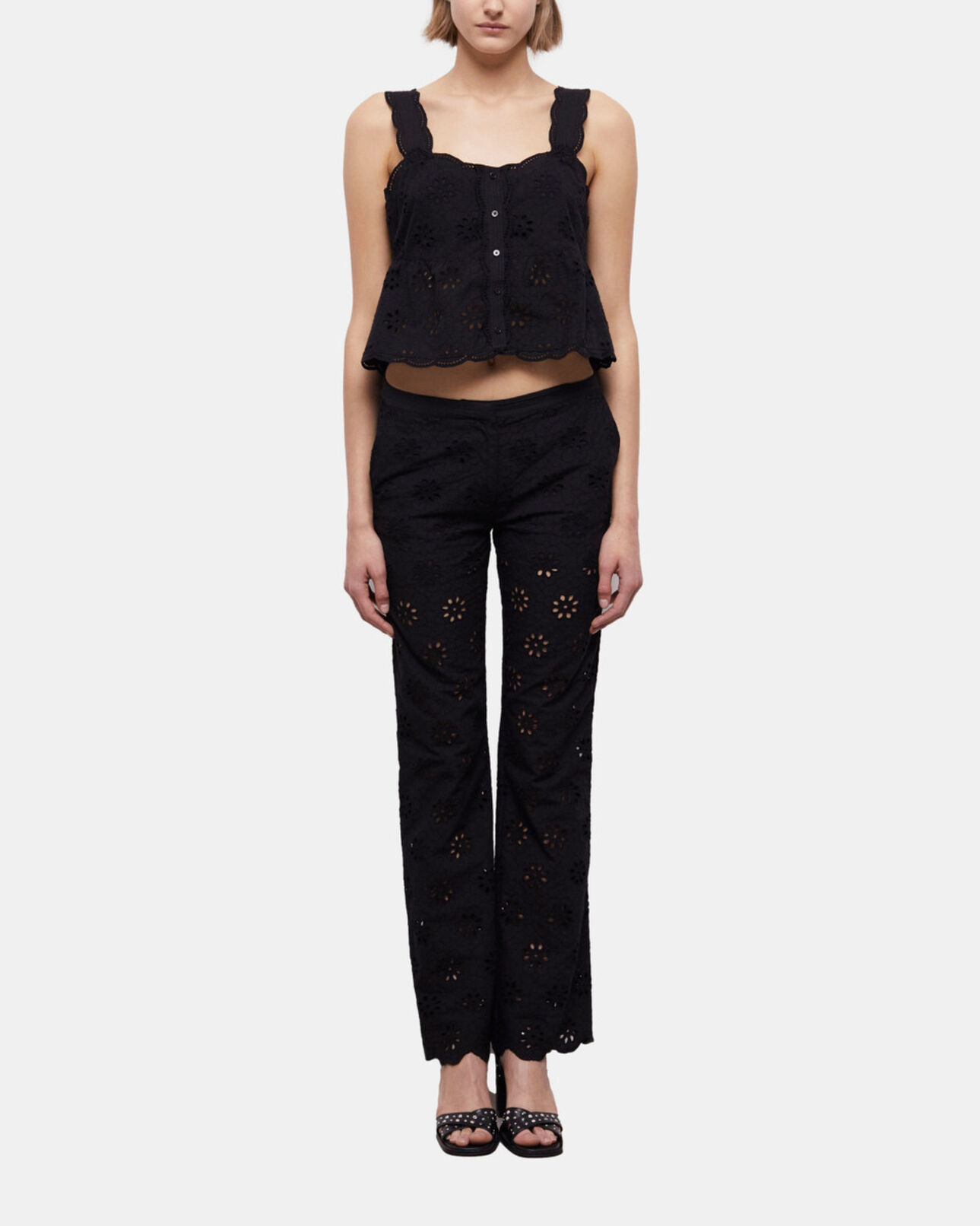 The Kooples DAMEN BLACK kurzes, schwarzes top mit englischer stickerei