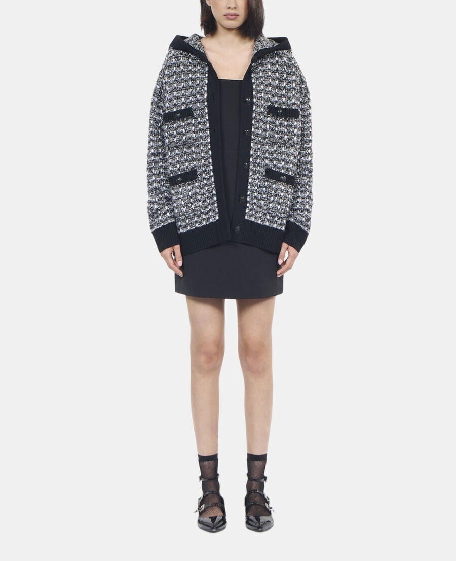 The Kooples FEMME BLACK / WHITE cardigan &agrave; capuche en tweed noir et blanc